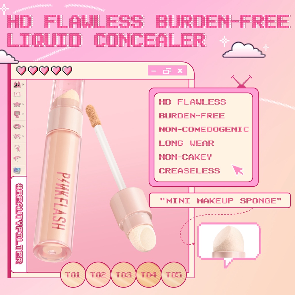 PINKFLASH BeautyFilter 2 IN 1 Liquid Concealer HD Flawless Burden-free With Sponge Brush Tool Long-Wear Non-cakey Color Corrector