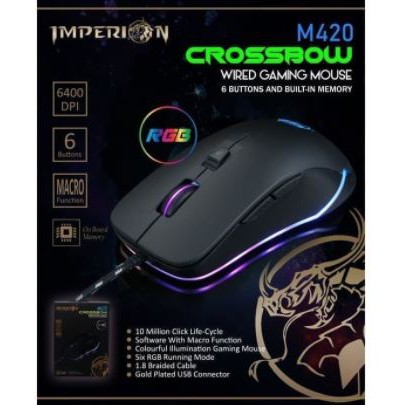 Mouse gaming imperion wired usb 2.0 optical 6400dpi 6d macro rgb 1.8m braided cable crossbow m420