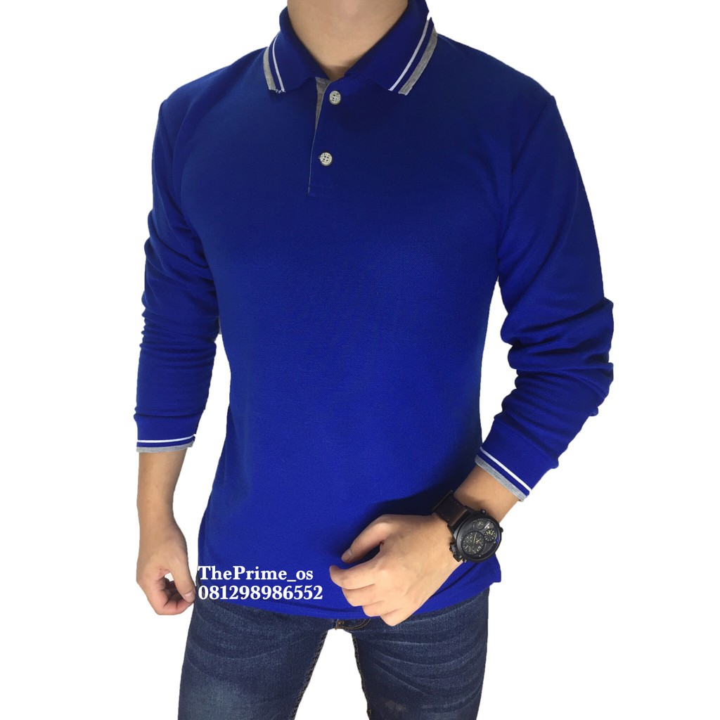 kaos panjang polo shirt pria biru benhur