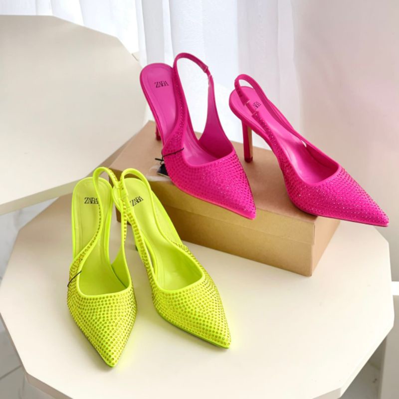 PROMO SALE Zara Shoes Heels 9 cm Pink Green Sepatu sandal pesta hijau stabilo