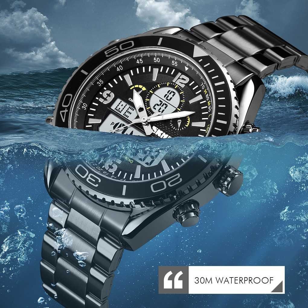 Jam Tangan Pria Dual Time SKMEI Men Stainless Sport LED Original AD1600 Silver-2