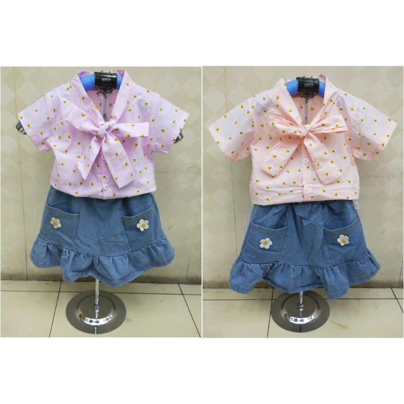 Set Kemeja+Rok Jeans Import Anak Perempuan Motif Bunga