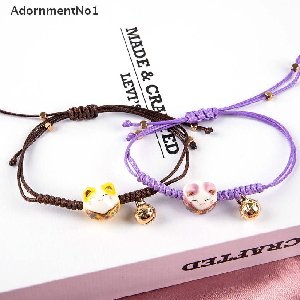 (AdornmentNo1) Gelang Tangan Tali Aksen Lonceng Keramik Motif Kucing Keberuntungan Untuk Wanita / Pasangan