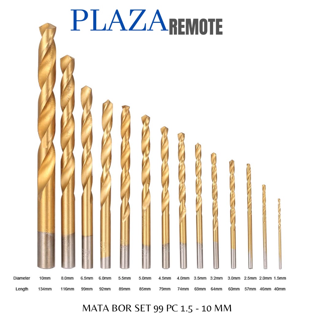 MATA BOR SET TITANIUM  ISI 99 PCS HSS KAYU PLASTIK PCB BESI ALUMUNIUM DLL 1.5  - 10 MM