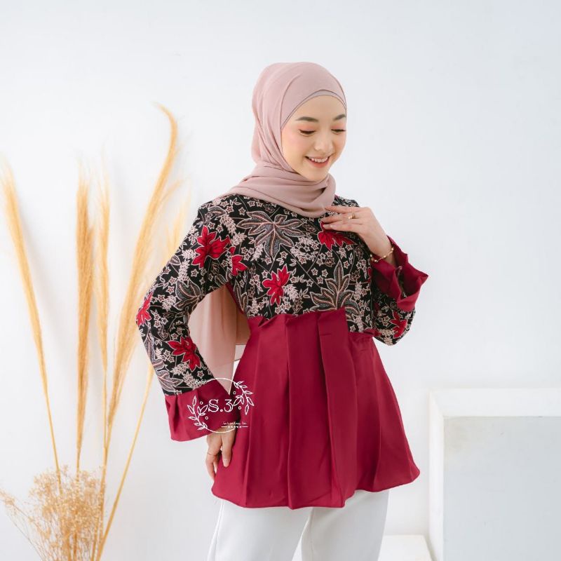 tey-17 Batik wanita ASJ SA HRB026 Kenongo Kemeja Tosca Pendek-Kembang langit 2