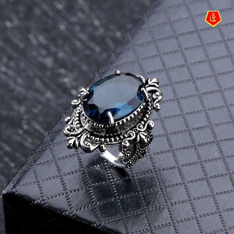 [Ready Stock]Blue Topaz Ring European and American Retro 925 Silver