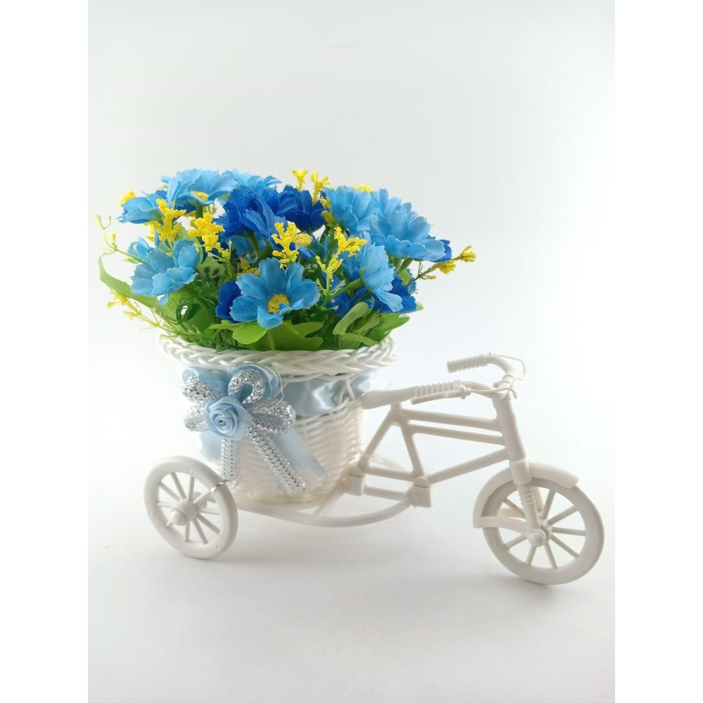 BUNGA SEPEDA SET BUNGA HIAS BUNGA PLASTIK VAS SEPEDA ROTTAN SET BUNGA DAISY BS6602-Biru