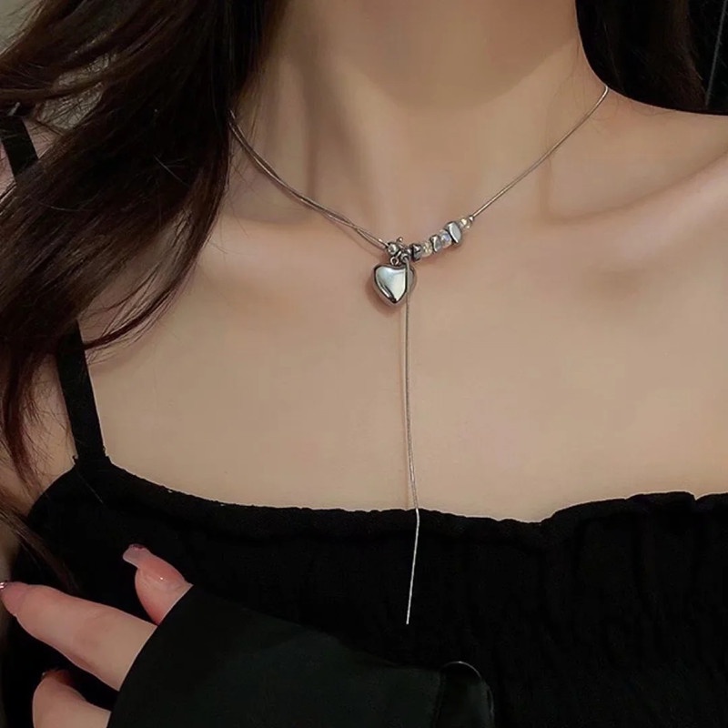 Versi Korea Dari Liontin Manik-Manik Cinta Kristal Baru Rantai Tulang Selangka Tren Fashion Kalung Perhiasan Wanita COCOJEWELRY