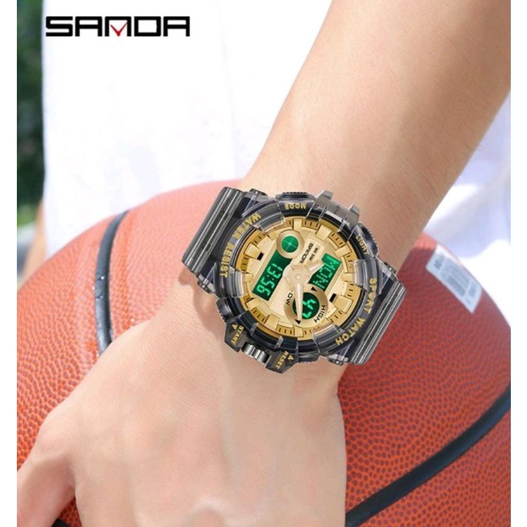 Jam Tangan SANDA 3100 Jam Tangan Wanita Pria Digital Analog Dual Time Tali Rubber Anti air