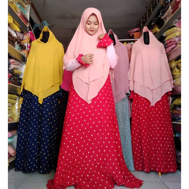 SET GAMIS SYARI BAJU MUSLIMAH JUMBO PLISKET POLKADOT BUSUI KHIMAR CERUTY BABYDOLL PET ANTEM WOLFIS
