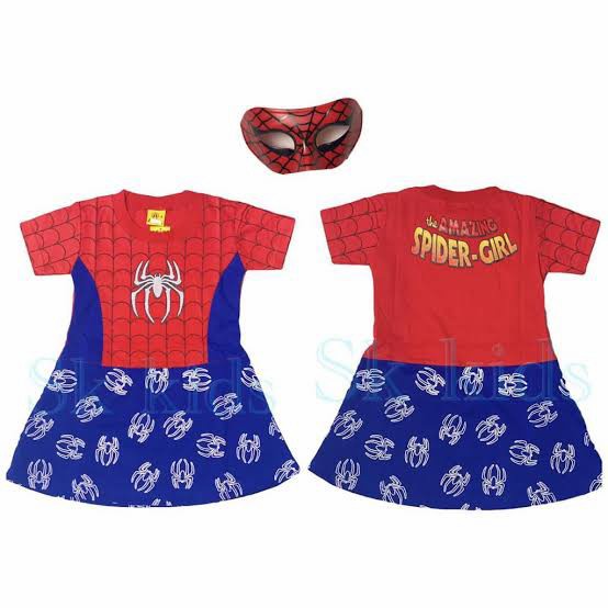 ANYAR KOSTUM BAJU ANAK PEREMPUAN GIRL SPIDERMAN / DRESS SPIDERMAN + TOPENG .F>