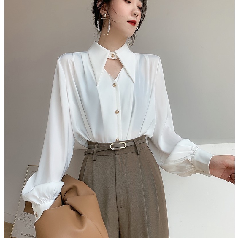 Kemeja Satine Premium Wanita Lengan Panjang Blouse Kemeja Kantor Import Polos Shirt