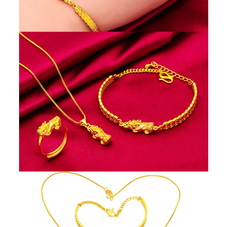 Set Perhiasan Gelang Cincin Emas Asli Kadar 375 Dengan Liontin Tiga Permata