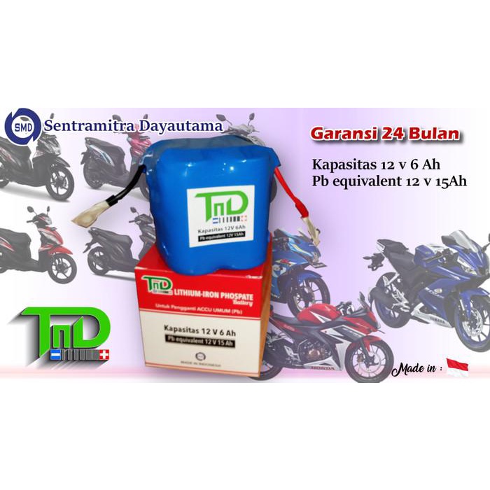 Aki Motor Lithium Ironphospate.Baterai Starter Motor Tnd 12V 6Ah(=15Ah