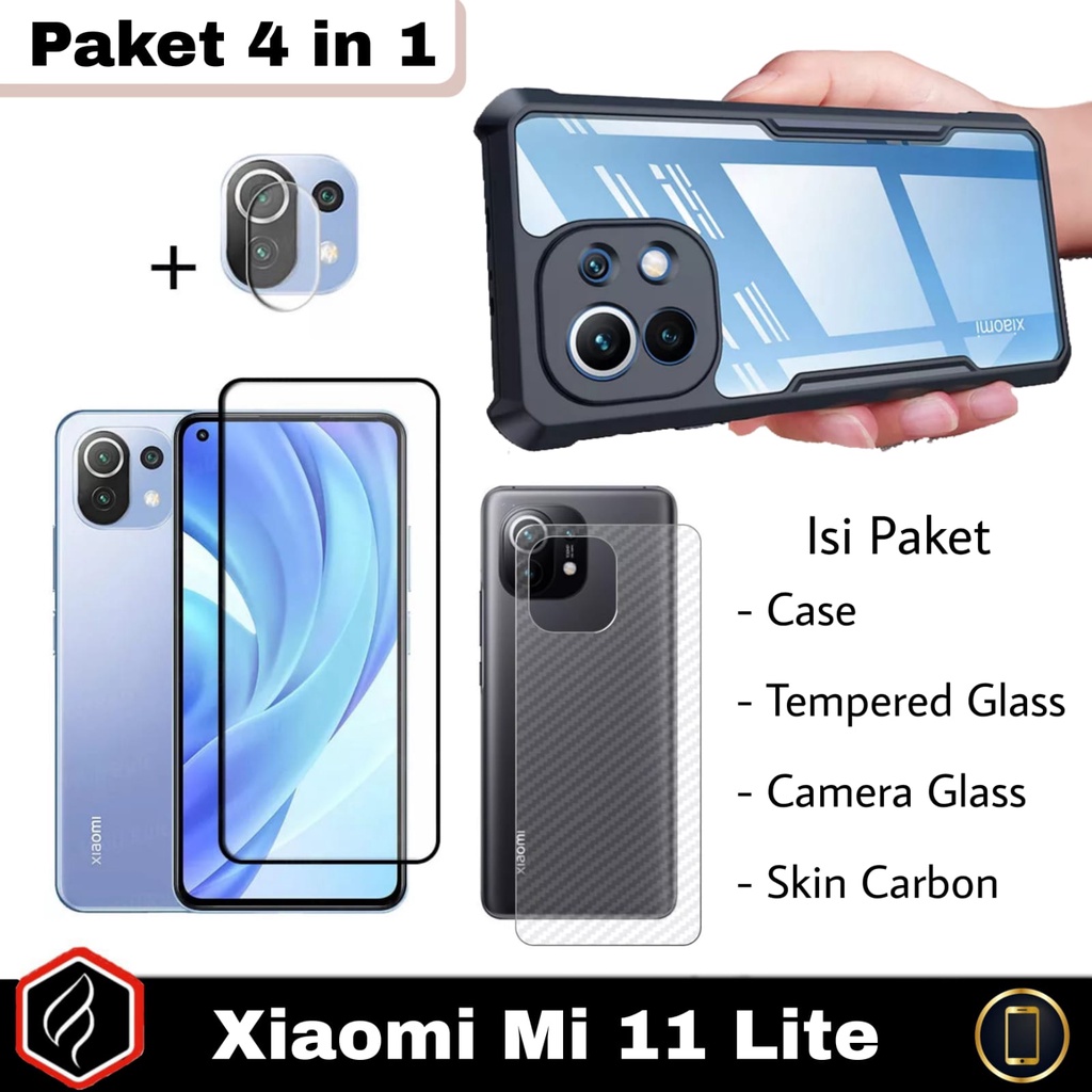 Paket 4 in 1 XIAOMI Mi 11 Lite / Mi 11 Lite 5G Case Fusion + Anti gores layar + tempered glass camera Free GARSKIN Carbon