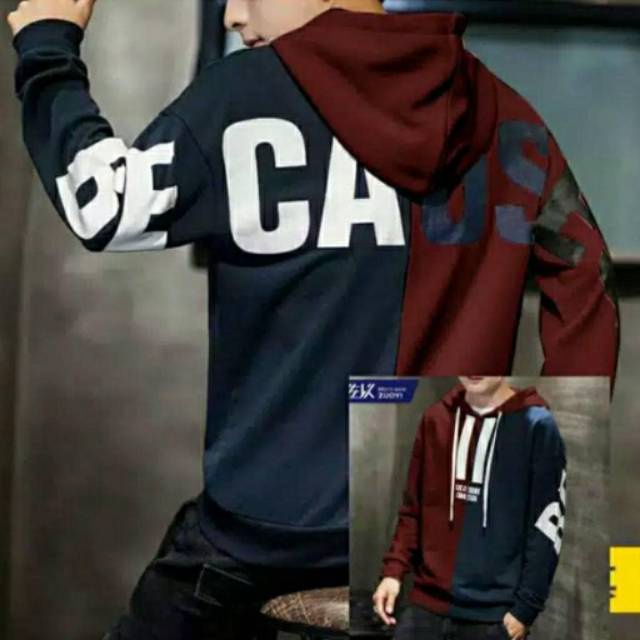 BECAUSE Hoodie Sweater Jacket Oversize Pria Outerwear Kekinian Gaya Casual &amp; Simple Korean Style