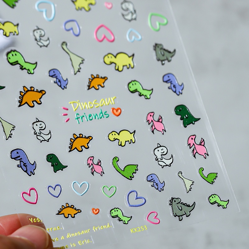 Stiker Kuku Motif Kartun Doodle Dinosaurus 5D Warna-Warni Untuk Dekorasi Manicure