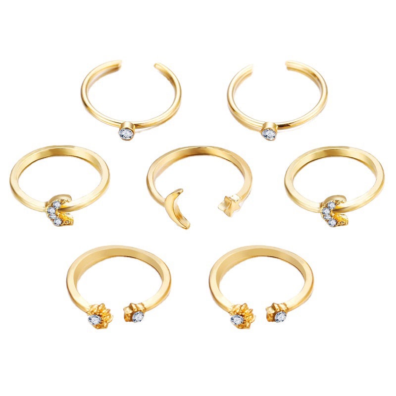 COD❤7Pcs/Set Cincin Wanita Bintang Bulan Korea Aksesoris Perhiasan Pernikahan Kristal Berlian Imitasi Matahari Terbuka