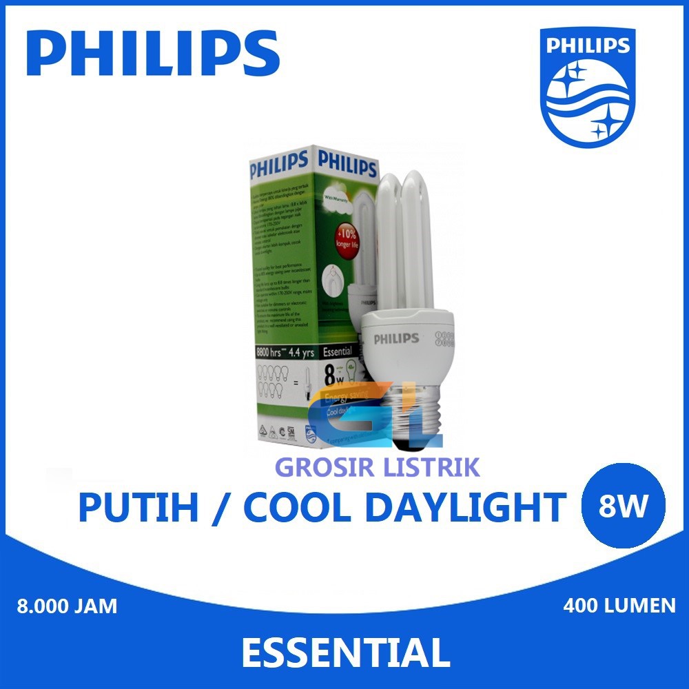 Lampu Philips Essential 8W Putih Cool Daylight 6500K Jari 8 Watt W 8Watt Original Grosir