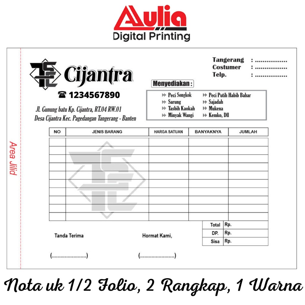 

Cetak Nota Ukuran 1/2 Folio 2 Rangkap | Custom