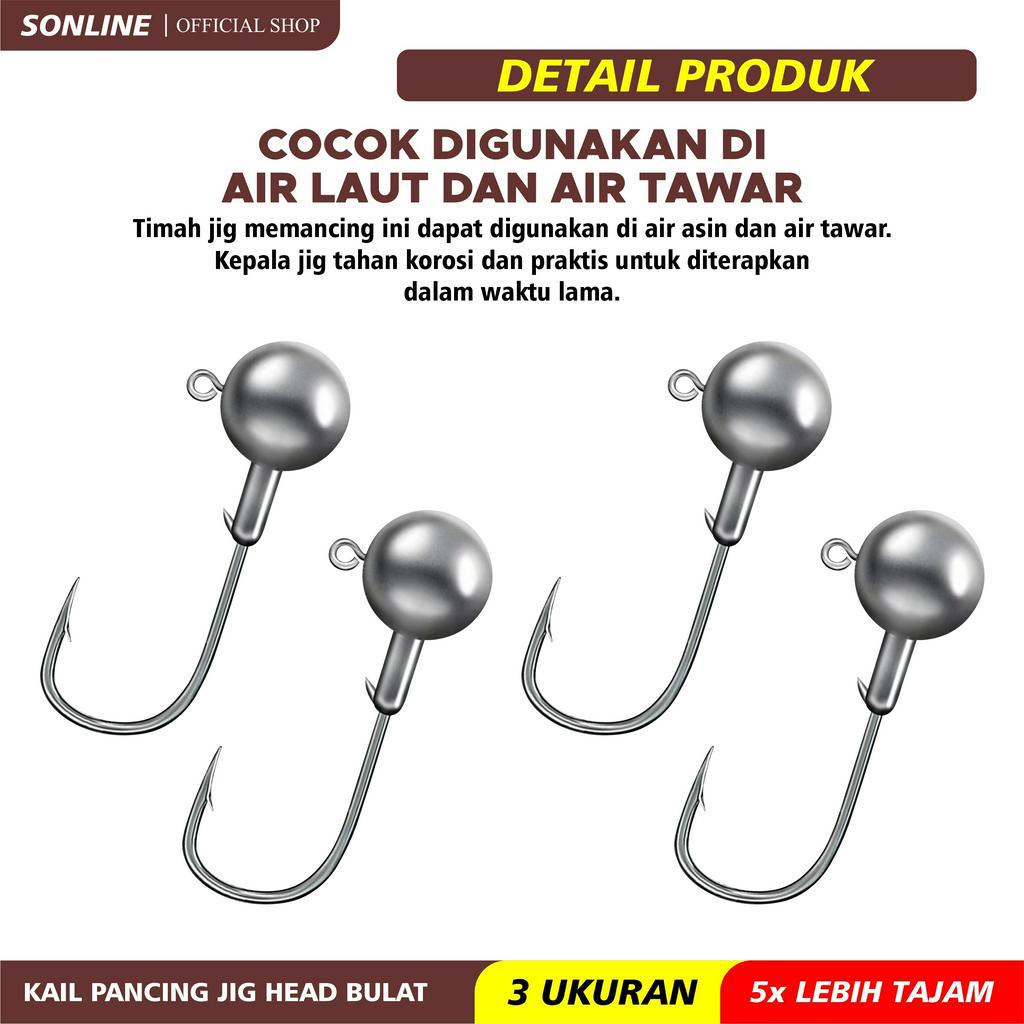 SONLINE Kail Pancing Jig Head Bulat  Carbon Steel Isi 1pcs Bait Fishing Soft Lure Timah Kail Warna Silver Fishing Hook Kail Pancing