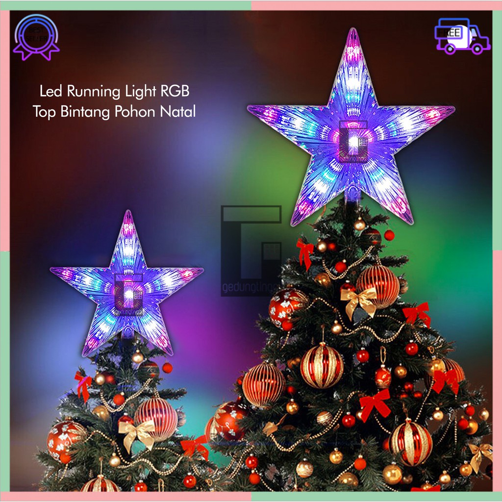 Lampu Led Tumblr Tumbler Hias Dekorasi Dekor Top Pucuk Ujung Atas Bintang Star Tema Pohon Natal Christmas Xmas Tree Decorations Decoration Decor Warna Warni Warm White Merah Biru RGB Lamp Kabel Putih Transparan Rumah Cafe Kantor Kelap Kelip Kedap Kedip