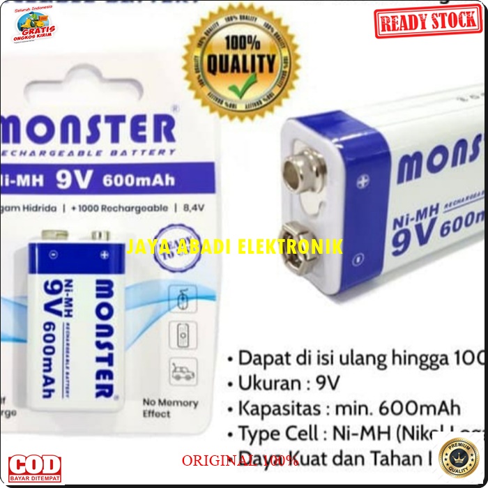 G265 Monster ori 100 % rechargeable baterai 9V kotak baterry 9 volt batu cas casan charger elektronik batere batray mainan universal multifungsi mic mik ni-mh battery original G265   1500 TIMES RECHARGE  BATERAI CAS 300 MAH 6F22  BISA SEGALA JENIS ELEKTRO