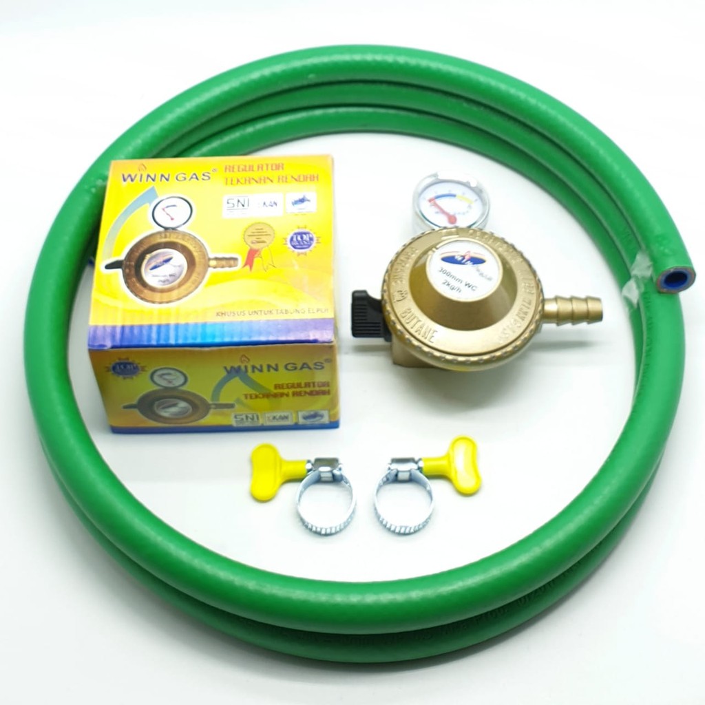 SET Winn Gas W-199M Meter + Selang HIJAU 5 Lapis 2 Mtr + 2 Klem Kuping / Regulator Gas + Selang Gas