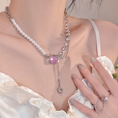 Kalung Rantai Choker Liontin Hati Kupu-Kupu Cherry Aksen Kristal Mutiara Untuk Wanita