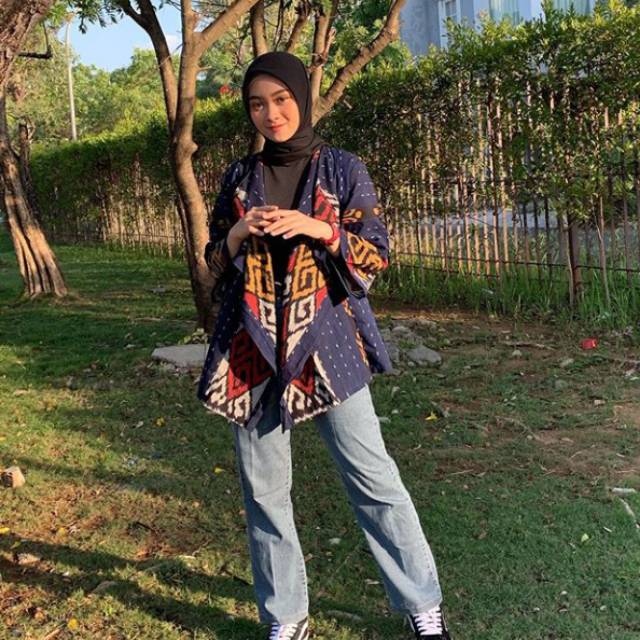 Blazer tenun motif toraja biru dongker S297 + free masker tenun