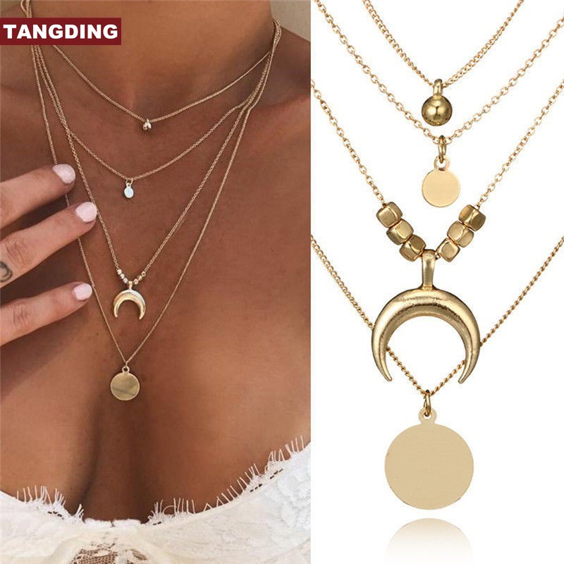 【COD Tangding】Multi layer Long Moon Pendant Necklace Crescent Chain Jewelry Choker Horn