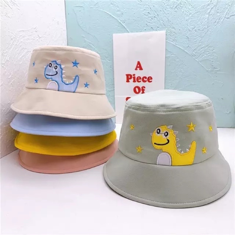 Bucket Hat Anak Topi Anak Topi Rimba Anak Laki Laki Perempuan 2 - 10 Tahun Dinosaurus / Bucket Hat Topi Piknik Anak Bayi Balita TK SD Laki Laki Perempuan DINOSARUS BINTANG 3-Star Dino Green