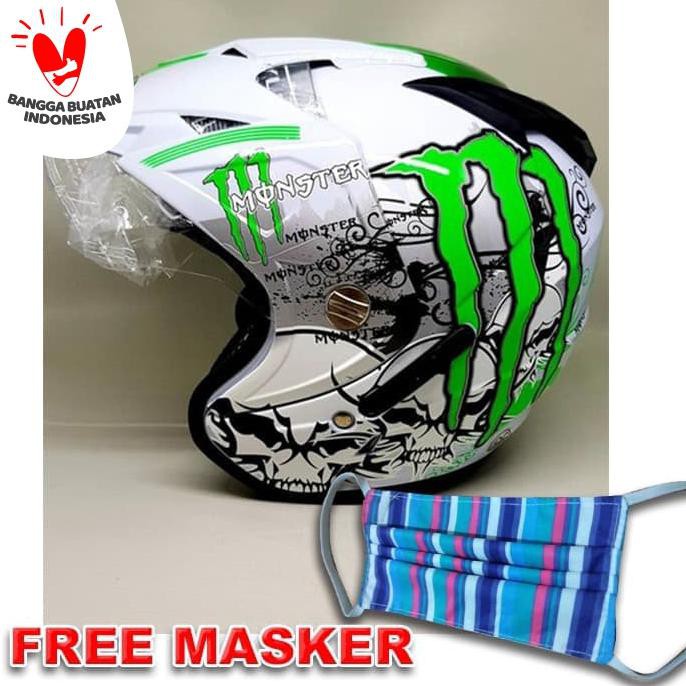 Helm Helmet Helem double visor BXP motif monster Putih Hijau