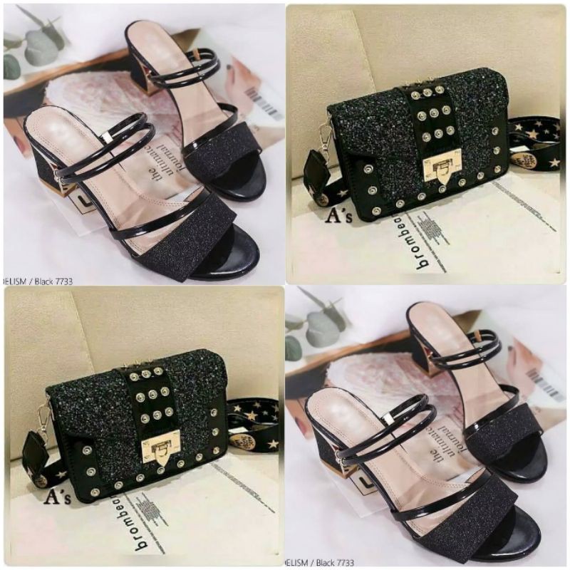 paket tas dan sandal hak tahu 2in1 wanita gliter berkilau sandal heels