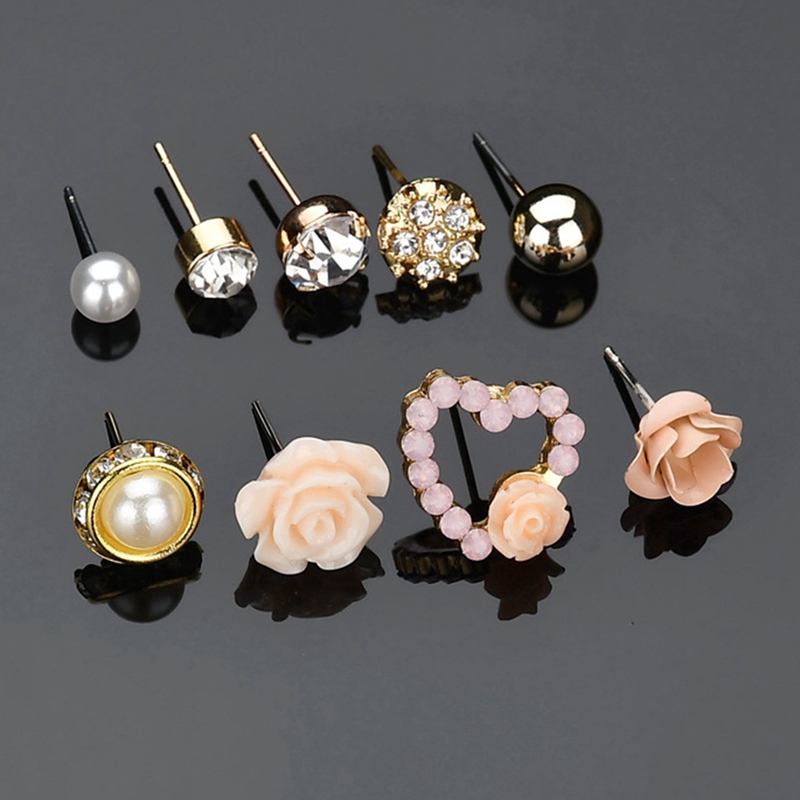 9 Pasang / Set Anting Stud Kristal Mutiara Berlian Imitasi Bentuk Bunga Gaya Korea Untuk Wanita