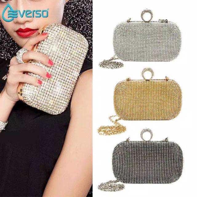 Tas Clutch/Handbag wanita kulit + berlian imitasi warna emas / hitam