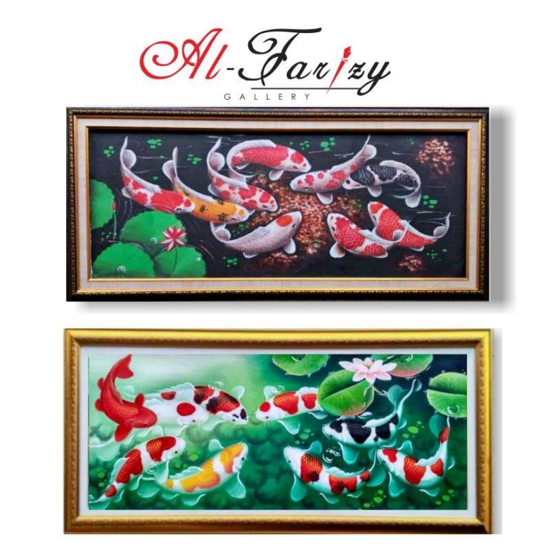 Lukisan Ikan Koi 3D Fengshui 9 EkorUnik Minimalis Ukuran 40x100 cm