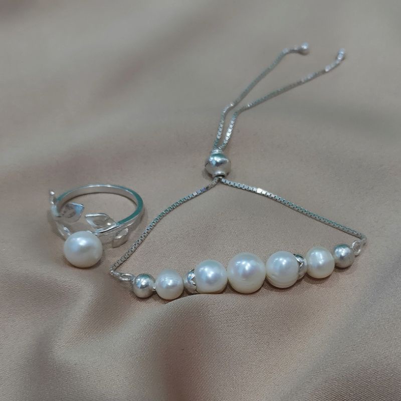 Set gelang cincin mutiara tawar bahan perak 925 asli bersertifikat Aksesoris mutiara lombok Aksesori