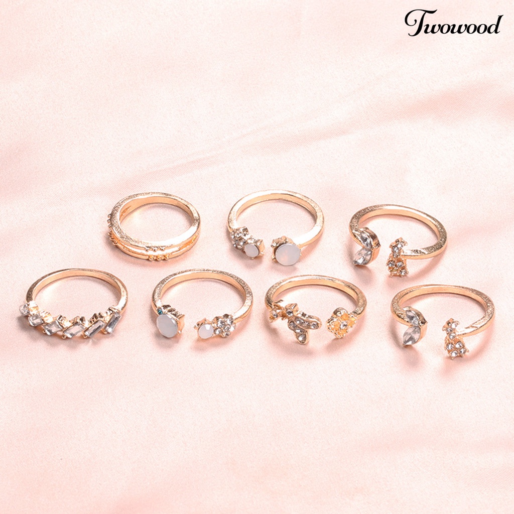 Twowood 7Pcs Elegant Opening Ring Shiny Rhinestones Wear-resistant Female Temperament Finger Ring for Decoration