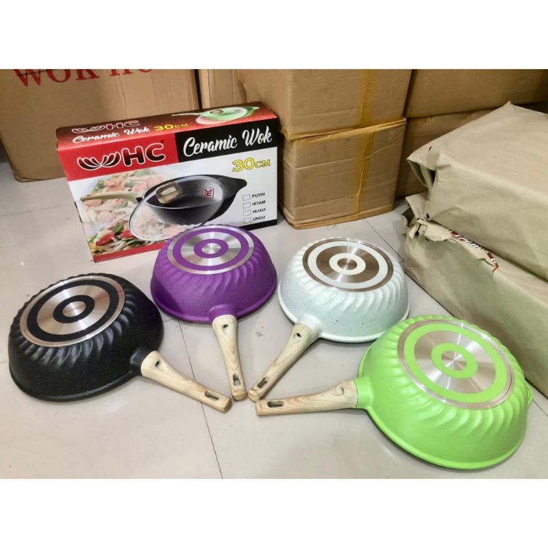 Wok Pan HC 30 cm / Wajan Korea anti lengket Teflon gagang kayu Ceramic