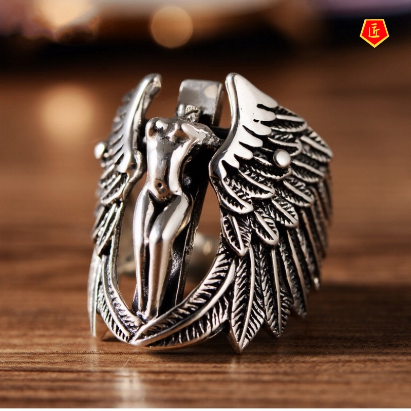 [Ready Stock]Retro S925 Silver Angel Personality Cross Ring High Profile Fashion Personality