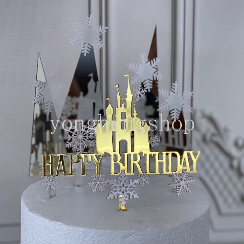 Topper Kue Desain Snowflake Castle Happy Birthday Bahan Akrilik Untuk Dekorasi Pesta Baby Shower