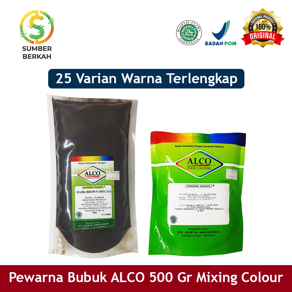 Pewarna Makanan Kue Bubuk ALCO 500 gr Mixing Colour Warna Merah Kuning Hijau Biru Oranye Biru Ungu Hitam Coklat