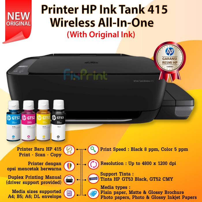 Printer 415 Werless Ink Tank All In One A4 With Tinta GT53 Gt52 Baru