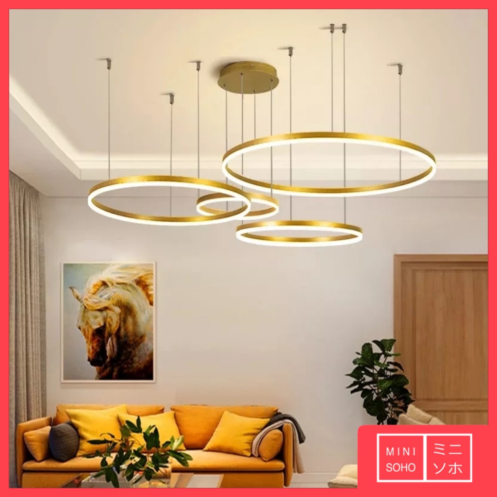 Lampu Gantung Hias Mewah Luxury Premium Minimalis Modern Aesthetic 4 Random Rings Pendant Ceiling LED - Gold