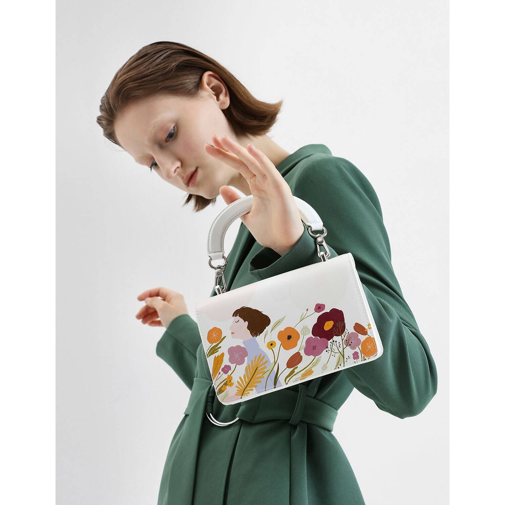 SALE Tas Wanita Charles and Keith Floral Illustration Mini Top Handle Bag Original
