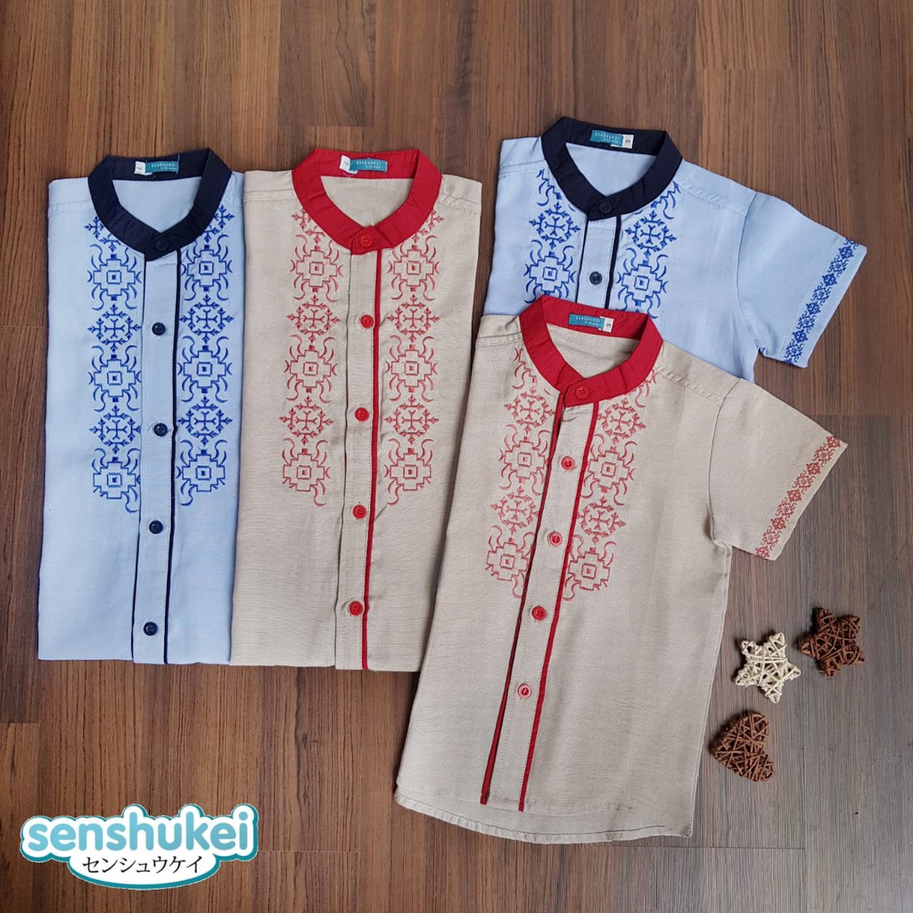 [Brandedbaby] 3-13T KEMEJA KOKO ANAK IMPORT SENSHUKEI LENGAN PENDEK BORDIR / KEMKO BIRU MERAH