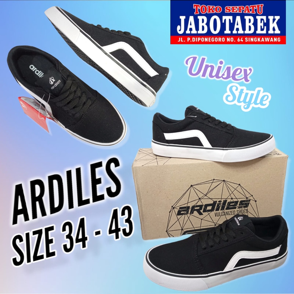 [COD] Flat shoes unisex Hitam Putih ARDILES Size 34 35 36 37 38 39 40 41 42 43 Sepatu Bertali Kanvas
