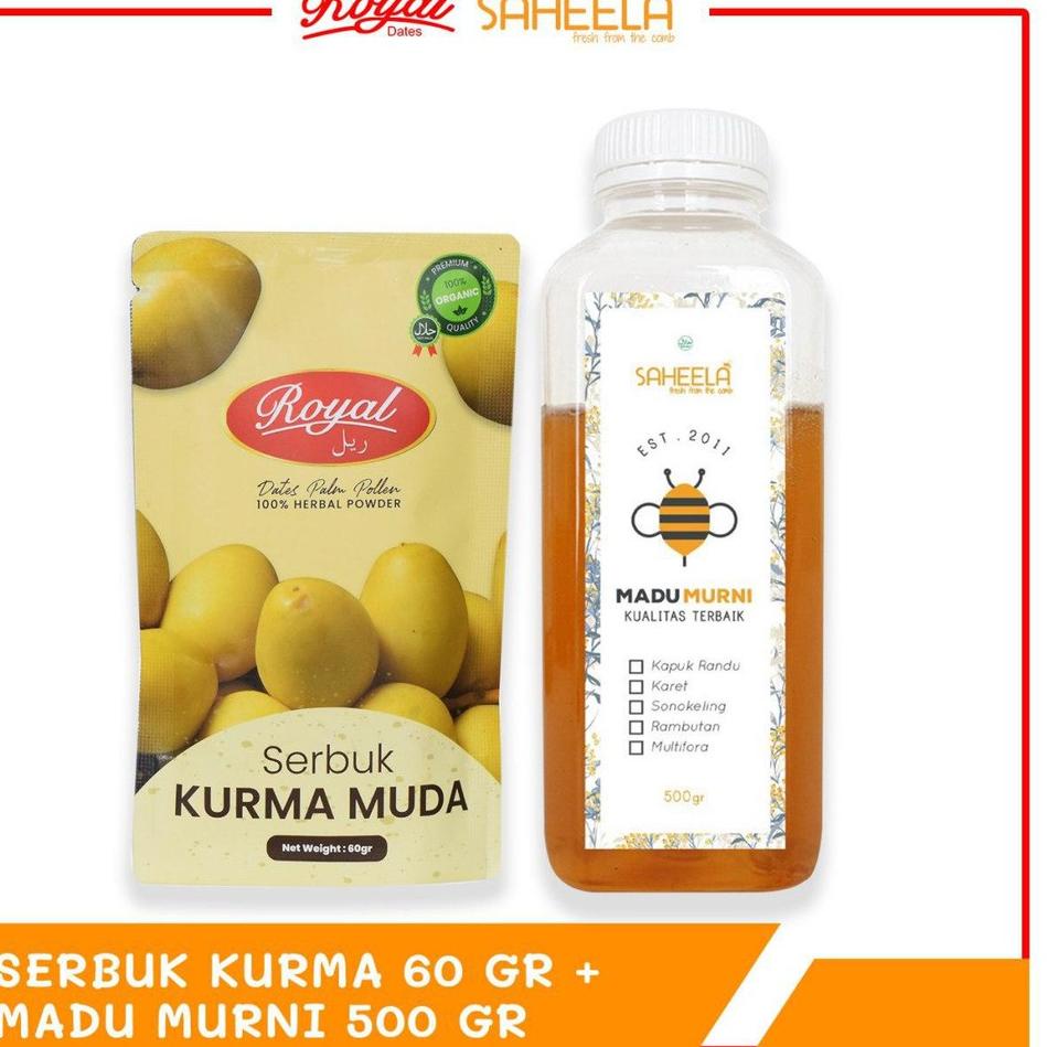 

deb BEST SELLER Paket Promil "Serbuk Kurma Muda 60gr + Madu Murni Saheela 500gr" Royal Dates | Bubuk x21≦