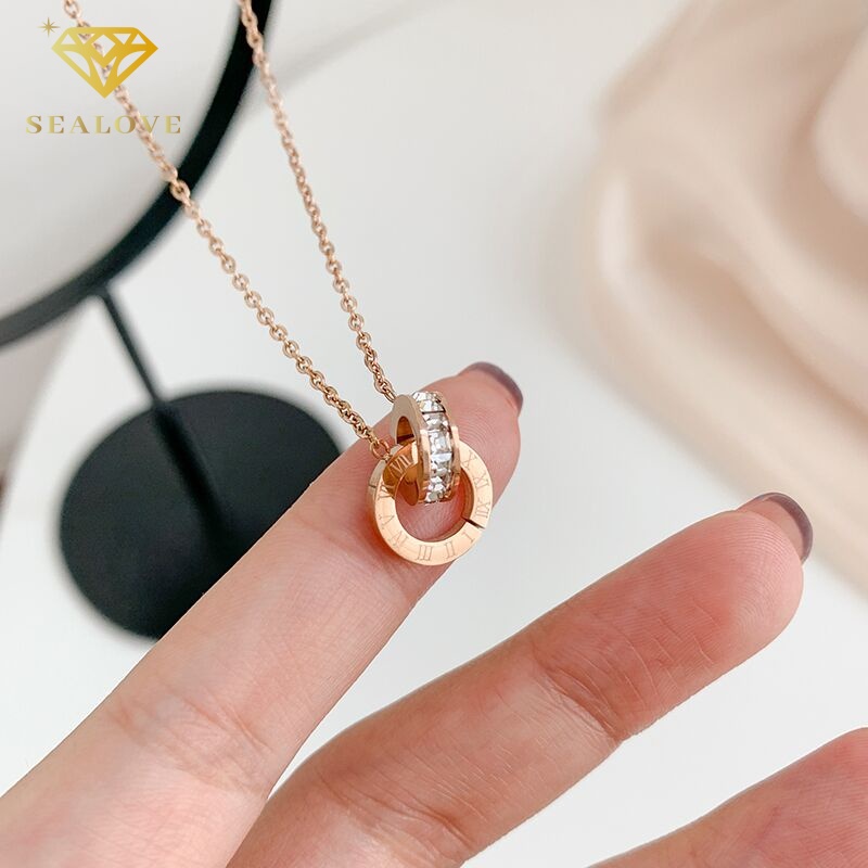 Kalung Titanium Wanita Asli Bentuk Bulat Angka Romawi liontin simple Anti Karat Berlian Aksesoris Wanita